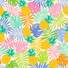 Wall Mural - Colorful tropical leaf and pineapple seamless pattern background.