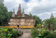 Beautiful Landscape View Of Landmark Ancient Wat Jed Yod Or Wat Chet Yot Buddhist Temple In Chiang Mai, Thailand, Inspired By Mahabodhi Temple In Bodhgaya, India