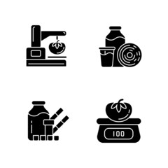 Sticker - Food physical property test black glyph icons set on white space. Visual appearance evaluation. Weighing and measuring. Molecular and bacterial count. Silhouette symbols. Vector isolated illustration