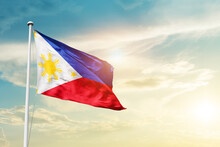 Philippines National Flag Cloth Fabric Waving On The Sky - Image