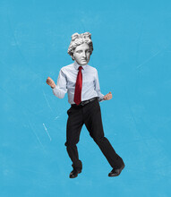 Contemporary Art Collage Of Dancing Man In Official Suit With Antique Statue Head Isolated Over Blue Background