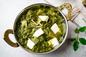 Wall Mural - Homemade Palak Paneer roti or Naan and  rice -North Indian vegetarian meal for Diwali