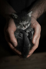 Sticker - Close up shot of a little gray kitten sleeping in a man's hands, vertical format