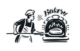 Fototapeta Młodzieżowe - Baker in uniform taking out bread from the oven. Bakery vector illustration