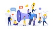 Social media promotion services with megaphone. Big loudspeaker to communicate with audience. Attracting subscribers, positive feedback, followers. PR agency team for influencer digital marketing