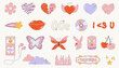 Collection on the theme of the 00s. Set of icons - hearts, butterflies, flame, badges and stickers. Glamorous vector illustration Y2k. Nostalgia for the 2000 years. Vector isolated illustrations.
