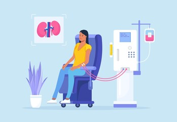 Hemodialysis equipment for treatment renal diseases failure. Cleansing and transfusion of blood through dialysis machine. Patient sitting in chair and getting kidney disease treatment. Vector design