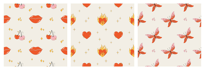 Wall Mural - set of seamless patterns in the style of the 2000s. posters with butterflies, hearts on fire, lips a