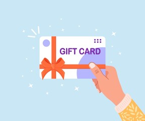 human hand hold gift card, voucher or coupon. shopping discount certificate for customers. vector de