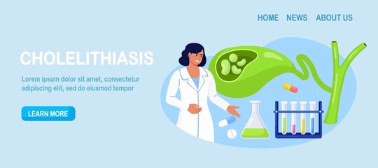 Stones in gallbladder. Gastroenterologist scientist doctor examine gall Bladder. Doctors treat gallstones. Biliary dyskinesia problems. Cholecystitis laboratory research. Vector design