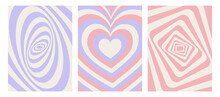 Set With Geometric Backgrounds. Vector Illustration Of Abstract Backgrounds With Geometric Shapes And Hearts. Nostalgia For The Year 2000, Y2k Style. Design Template. Hypnotic Pattern.