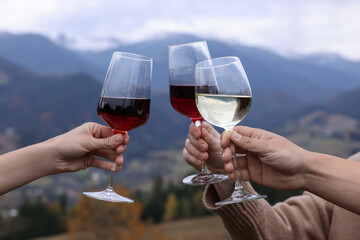 Friends clinking glasses of wine in mountains, closeup