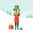 Woman hold big pile, stack of wrapped gift boxes, presents with ribbon in hand. Surprise for holiday. Merry christmas, new year, happy birthday concept. Xmas sale. Vector design