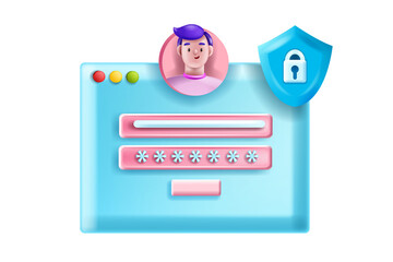 3D login password register illustration, vector online user account internet web form, man face, shield. Safety verification mobile app, secure 2FA concept, menu registration screen. 3D login box lock