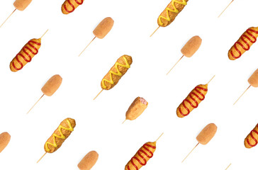 Wall Mural - Delicious deep fried corn dogs on white background, collage