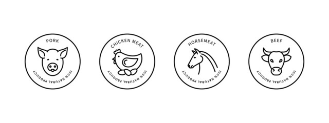 Simple set of vector icons on theme Natural meat. Animals presented are Pig, Chicken, Horse, Cow. Set of vector icons in simple style, isolated on a white background.