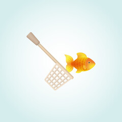 Wall Mural - Vector fish catching icon for web. Isolated pictogram with a goldfish and a scoop net on a blue background. Colorful bright fishing illustration for online pet store