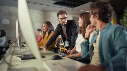 Canvas Print - Lecturer Helps Scholar with Project, Advising on Their Work. Teacher Giving Lesson to Diverse Multiethnic Group of Female and Male Students in College, Teaching Computer Science and Writing Code.