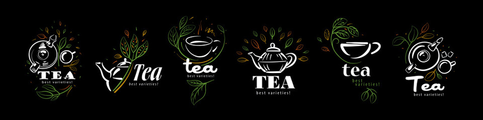 Wall Mural - Vector set of logos with a painted teapot, a cup of tea and leaves