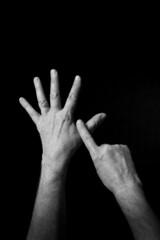 Wall Mural - B+W image of hand demonstrating BSL sign language letter Y isolated against black background