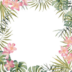 Wall Mural - Hand drawing watercolor summer banner - plumeria, monstera, palm leaves. On white background with space for text. For scrapbooking, cards for birthday, party, poster, home decor, cover.