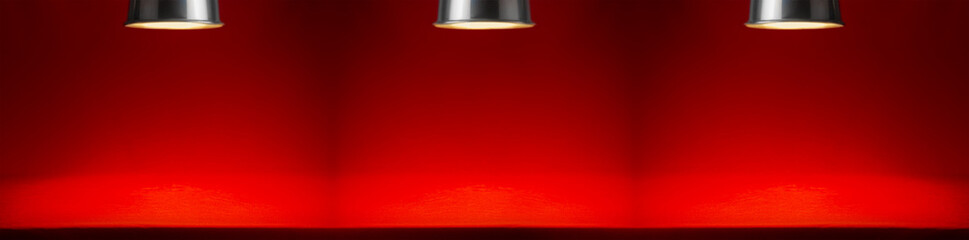 Wall Mural - Dark red empty scene with lamps and beams of light on wall, banner. Rich abstract stage for design of website, header, showing, presentation of produce.