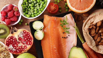 Wall Mural - diet food concept with salmon fish, fruits and vegetables