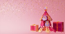 3d Render Of Christmas Tree Made From Guitars On Pink Background.