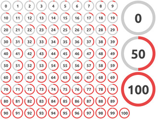 Progress bar set. Red and gray round ring or donut chart. User interface element, indicator, infographic or animation. Flat design. Vector illustration. EPS 8, no gradients, no transparency