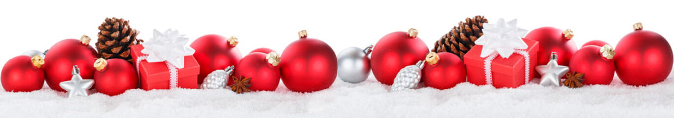 Christmas balls baubles decoration gifts presents ornaments banner isolated on white