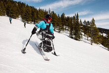 Disabled Female Skier Downhill Skiing On Sunny Snowy Slope