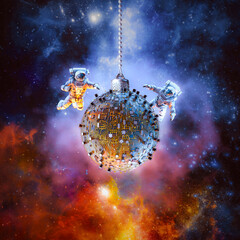 Wall Mural - computer christmas ornament outer space - 3d illustration of astronauts discovering festive decorati