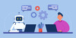 © PCH.Vector - Man and robot with computers sitting together in workplace. Artificial intelligence workforce of future flat vector illustration. Friendship, AI, cooperation, digital technology concept for banner