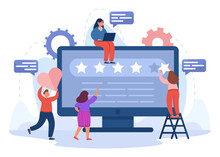 Team Of Analysts Working On Brand Reputation In Social Media. Tiny Male And Female Managers Holding Ranking Star And Heart Flat Vector Illustration. Insight In Analytics, Seo Management Concept