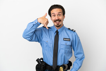 Wall Mural - Young police man over isolated background white making phone gesture. Call me back sign