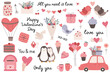 Set elements of Valentine's Day: a bouquet of flowers, a jar with hearts, balloons, cute penguins, a couple of birds, a gift box, a carrier pigeon, an envelope, lettering. Vector illustration