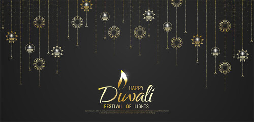 Poster - Happy Diwali - festival of lights colorful banner template design with decorative diya lamp.