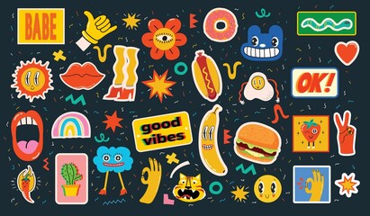 Wall Mural - Hand drawn Vector illustrations of Set of Various patches, pins, stamps or stickers with abstract funny cute comic characters.