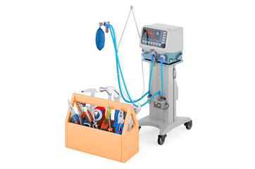 Wall Mural - Medical ventilator ICU with toolbox. Service and repair of medical ventilator, 3D rendering