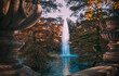 © MARALEM - Jardín para relajarse en otoño junto a un lago , fuente de agua en medio del parque, chorro de agua en vertical saliendo del lago en otoño, lugar de relajación y de encuentro de paz  en el parque