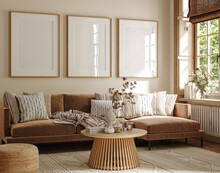 Poster Frame Mock-up In Home Interior Background, Living Room In Beige And Brown Colors,3d Render