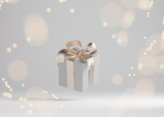 white gift box with golden ribbon bow levitating on gray background. Flying Christmas present with bokeh lights. Commercial for woman concept. Creative realistic minimal banner 3d render