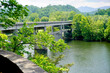 Blue Ridge Parkway bridge over the James River from the Trail of Trees in Virginia. The James River Gorge is the lowest point on the Parkway and has historical significance as a transportation link.