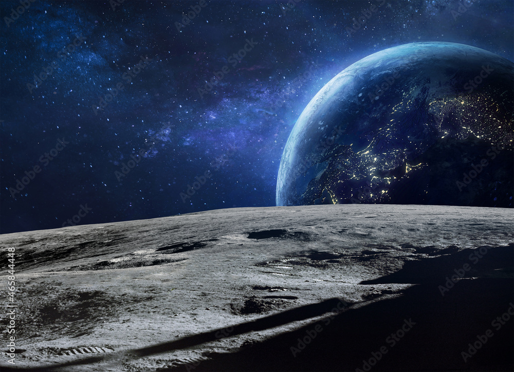 Moon surface and blue Earth planet at night in deep space. Artemis ...