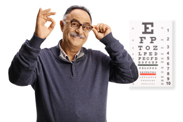 Poster - Mature man with an eye examination test holding his glasses and gesturing ok sign