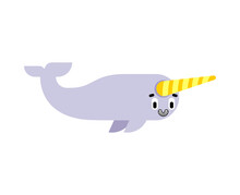 Cute Narwhal. Cartoon Small Arctic Whale With Horn.