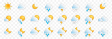 Realistic Weather  Icons Collection. Cloud, Sun, Moon, Snow, Snowflake, Rain, Storm, Signs Set Isolated Weathers Color Symbols On Alpha Background. Meteorology  Vector Website Illustration.