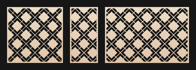 Wall Mural - Laser cut panels set. Abstract geometric pattern with square grid, net, lattice, diamond shapes. Decorative stencil for laser cutting of wood, metal, paper, plastic, acryl. Aspect ratio 1:1, 1:2, 3:2