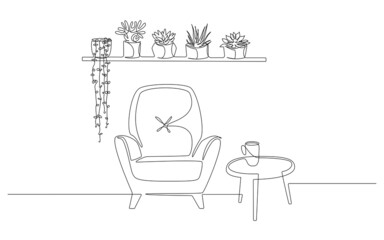 Poster - Continuous one line drawing of armchair and wall shelf with potted plants and table. Scandinavian stylish furniture in simple linear style. Doodle vector illustration