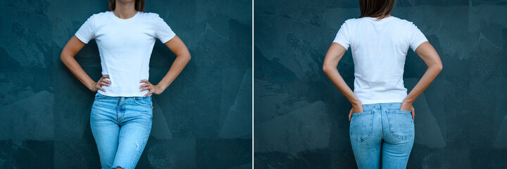 Young woman dressed in blank white t-shirt and blue jeans posing against the wall. Front and back view. Grey background. Mockup for design print or t-shirt print store